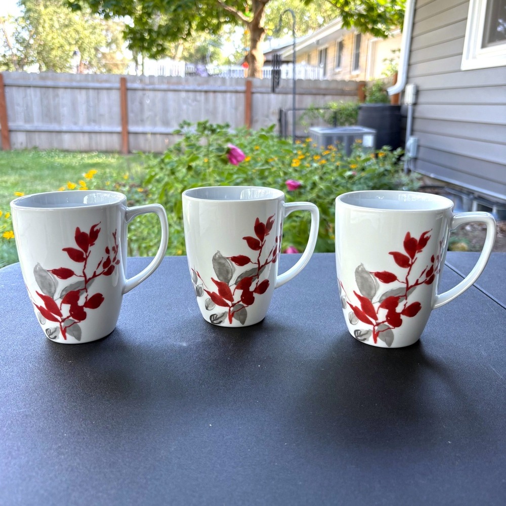 Corelle Coordinates Koyoko  Porcelain Mugs Set of 3 Red and Gray Leaf